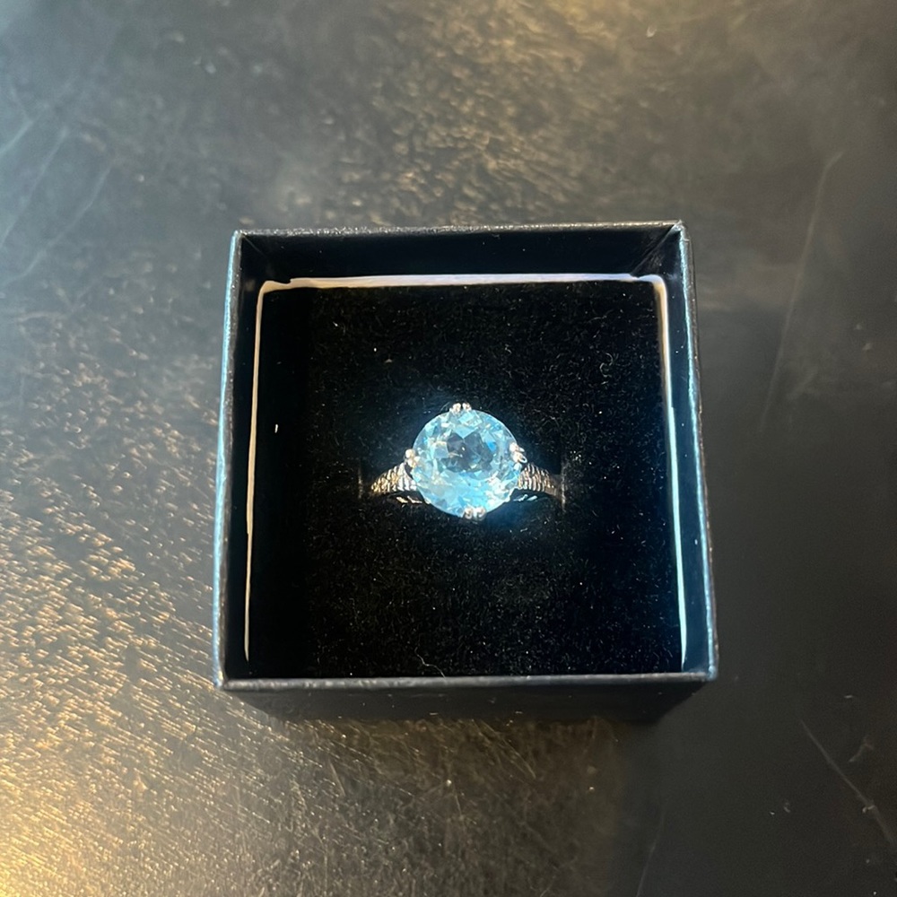 Light blue stone set in a silver setting. Approx size 6.5 never worn